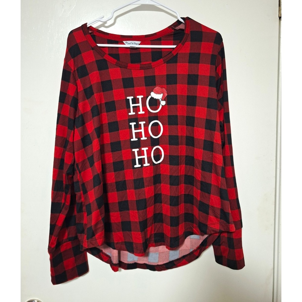 Count The Stars Women XL Top Buffalo Plaid Christmas Ho Ho Ho Long Sleeve